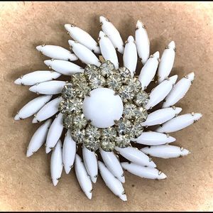 Vintage Judy Lee Milk Glass Rhinestone Brooch
